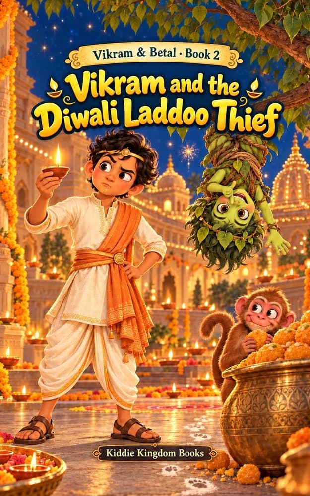 Vikram and the Diwali Laddoo Thief — chapter book cover, ages 6-9, by Kiddie Kingdom Books